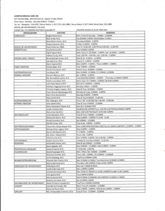 Doctors' Sched at Aventus Medical Care Inc. Makati