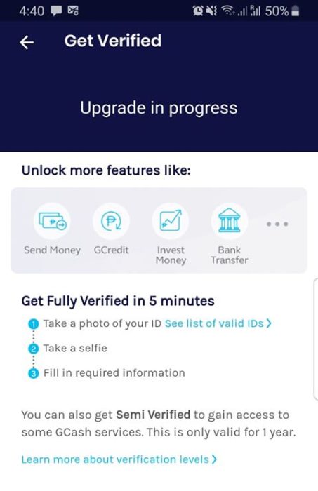 GCash app - upgrade in progress in Get Verified screen