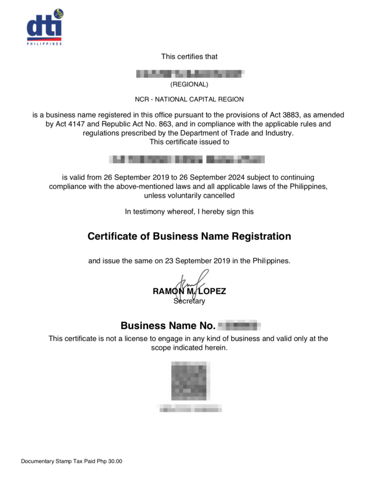 Dti Business Name Registration Certificate