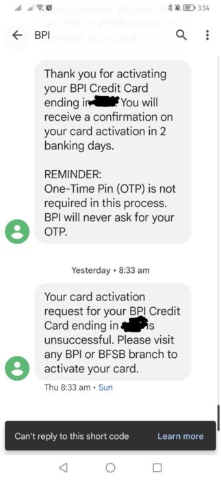 BPI credit card activation unsuccessful.